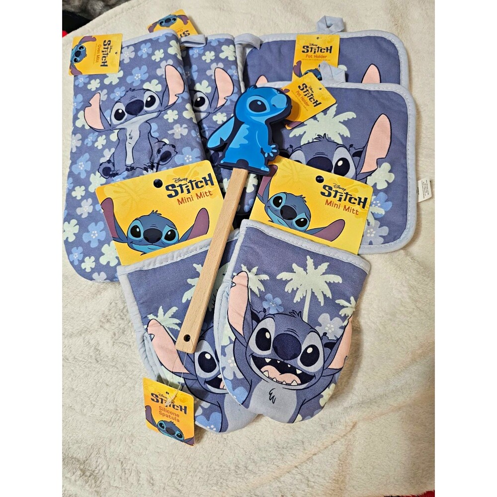 Disney Stitch 5pc Mini Oven Mitt & Potholder Set Quilted Cotton Blue Gray